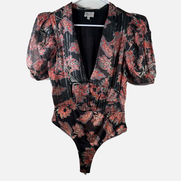 Hemant & Nandita x REVOLVE Zoie Bodysuit Women’s M Black Floral V-Neck black - Picture 3 of 16